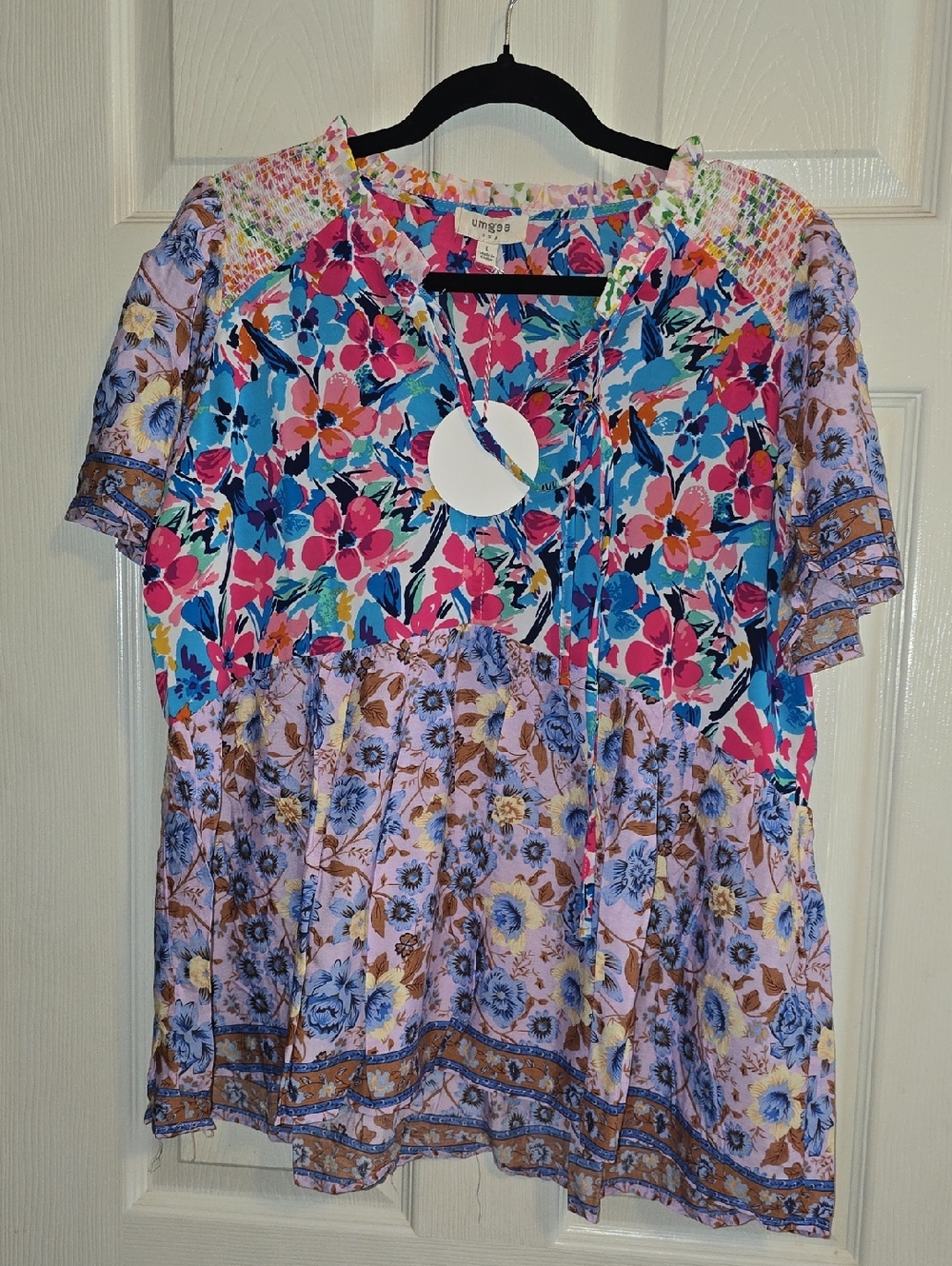 Umgee Floral Patchwork Short Sleeve Blouse in Pink, Blue, Orange, Lavender